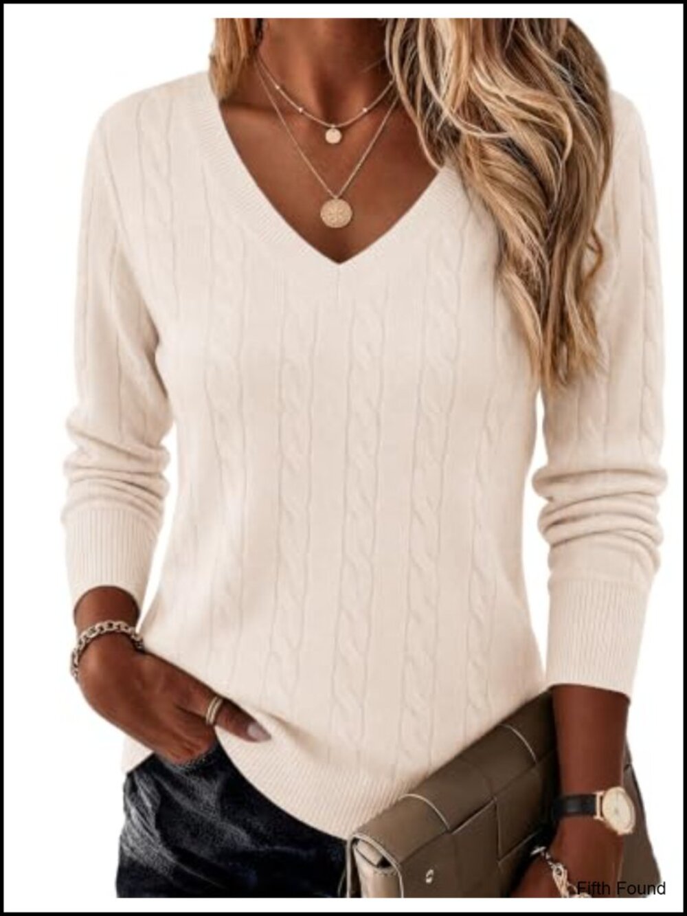 Womens V-Neck Cable Knit Long Sleeve Pullover Lightweight Sweater